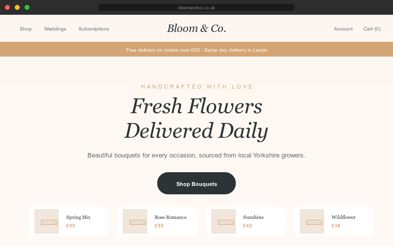 Bloom & Co florist e-commerce website mockup
